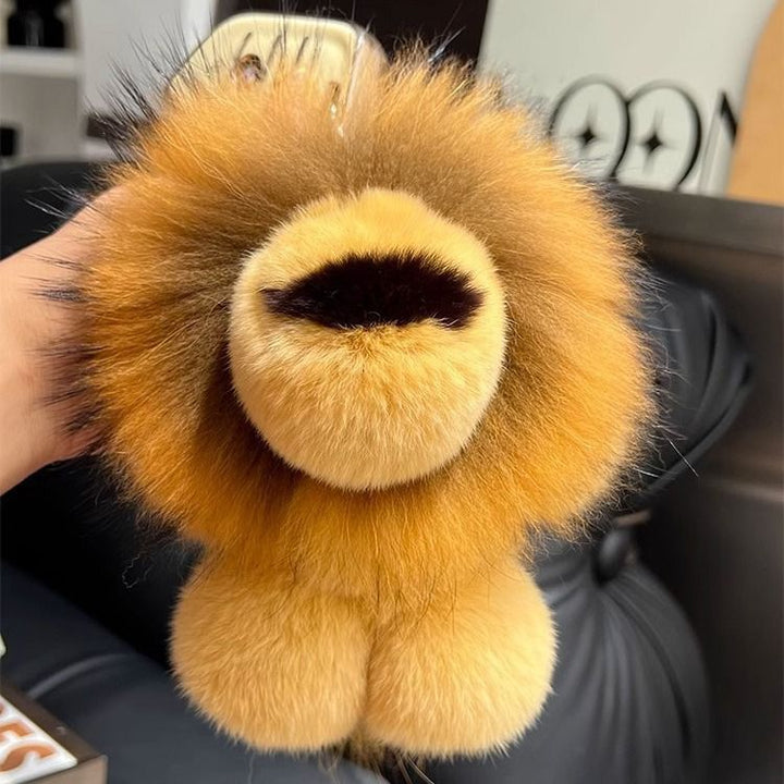 Real Fur Lion Keychain Handmade Fluffy Animal Bag Charm Luxury Fur Pom Pom Key Ring