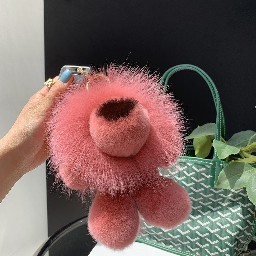 Real Fur Lion Keychain Handmade Fluffy Animal Bag Charm Luxury Fur Pom Pom Key Ring