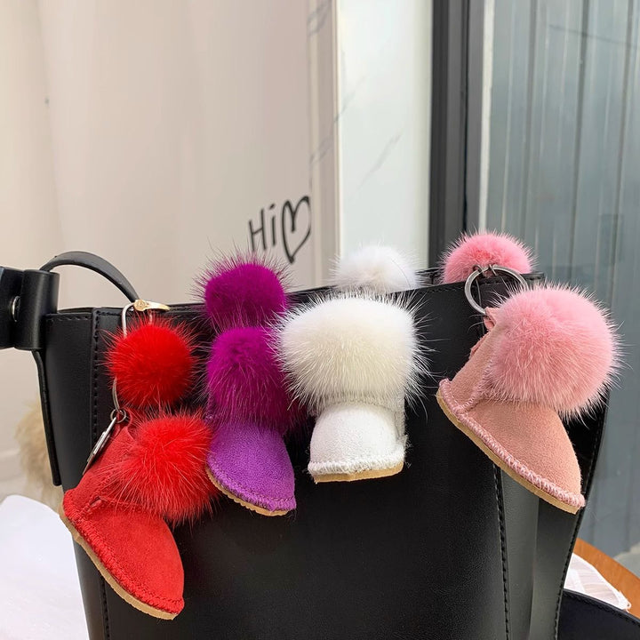 Real Mink Fur Glove & Boot Keychain Fluffy Pom Pom Bag Charm