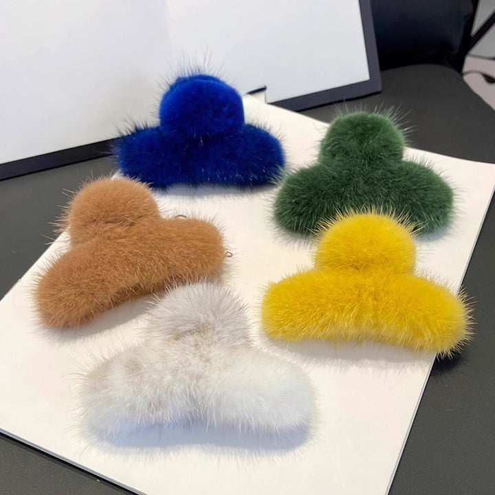 Women's Real Mink Fur Claw Clip Fluffy Hair Clamp Winter Cute Shark Clip Hair Accessories