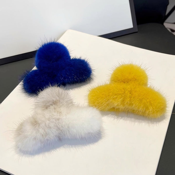 Women's Real Mink Fur Claw Clip Fluffy Hair Clamp Winter Cute Shark Clip Hair Accessories