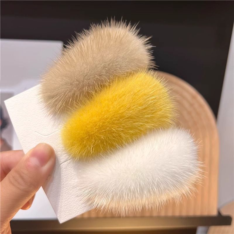 Mink Fur Hair Clip Soft Fluffy Oval Snap Hair Barrette