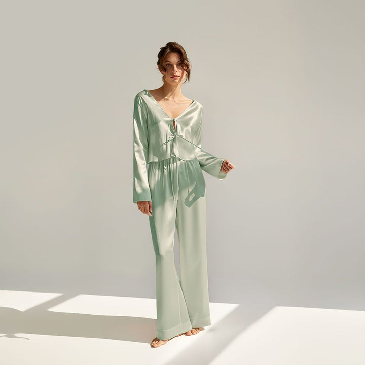 22 Momme Sexy Tie-Front  V-Neck Long Sleeve Silk Pajama Set for Women