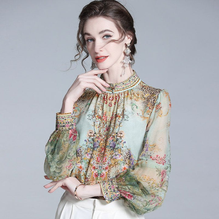 Mint Green Stand Collar Printed Mulberry Silk Long Sleeve Blouse
