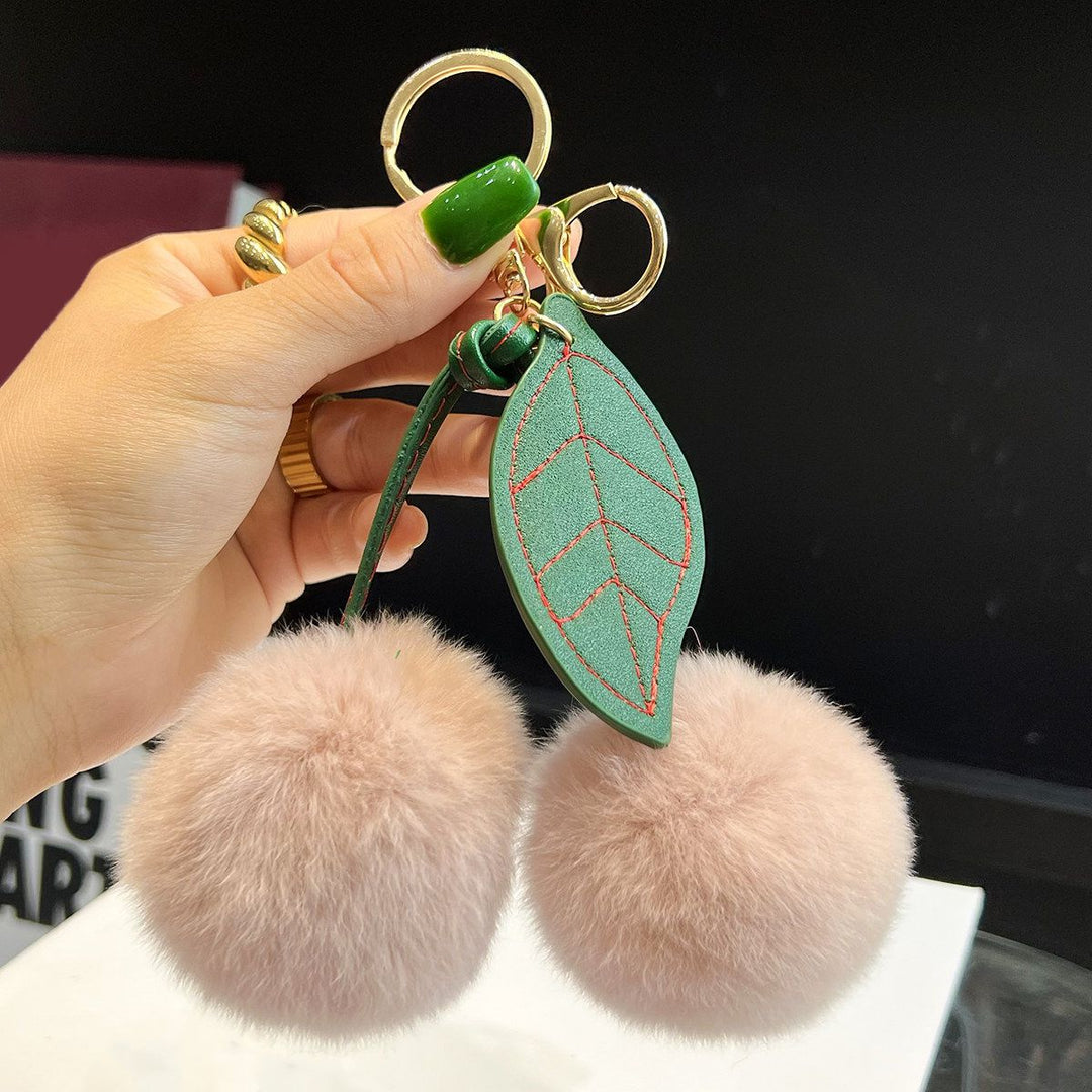Rabbit Fur Cherry Keychain Cute Pom Pom Plush Bag Car Charm