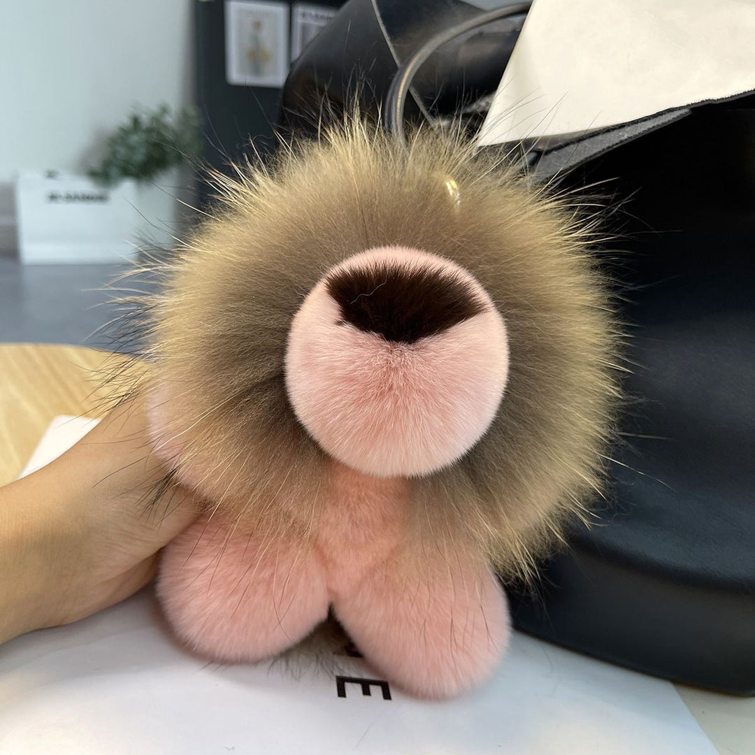 Real Fur Lion Keychain Handmade Fluffy Animal Bag Charm Luxury Fur Pom Pom Key Ring