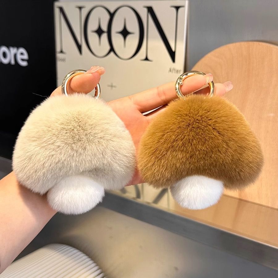 Cute Real Rex Rabbit Fur Mushroom Keychain Fluffy Plush Bag Charm