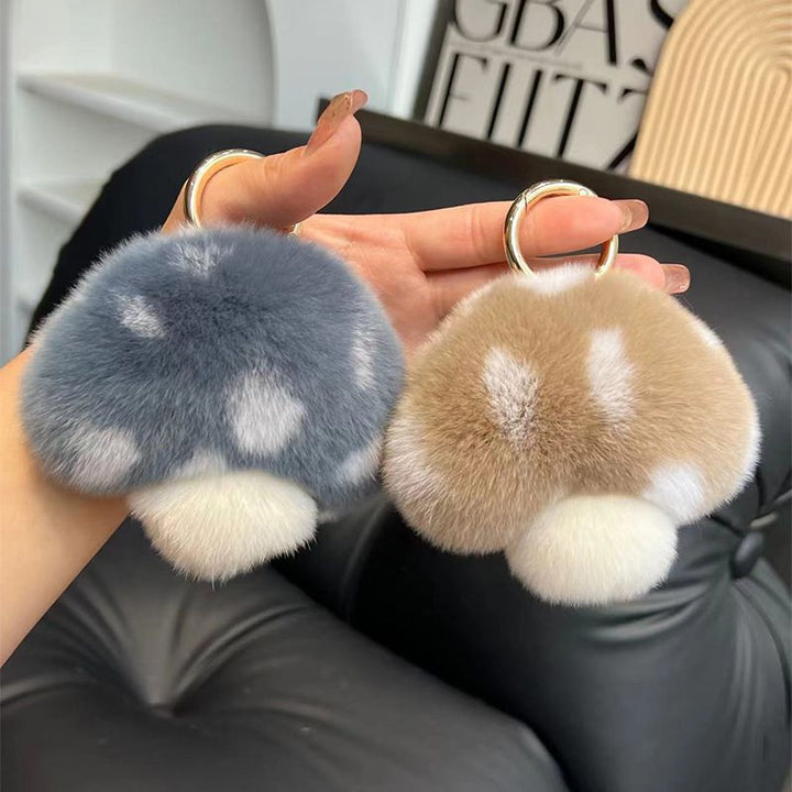 Cute Real Rex Rabbit Fur Mushroom Plush Keychain with White Polka Dots