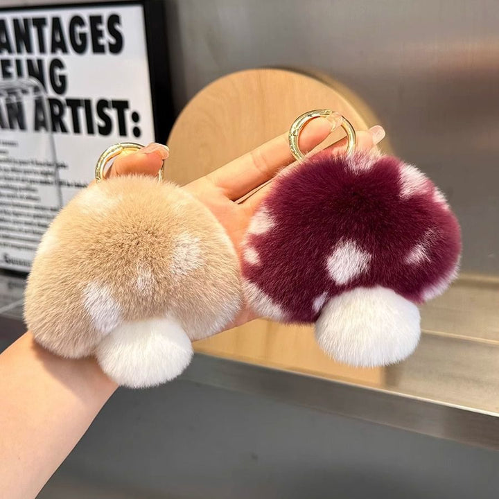 Cute Real Rex Rabbit Fur Mushroom Plush Keychain with White Polka Dots