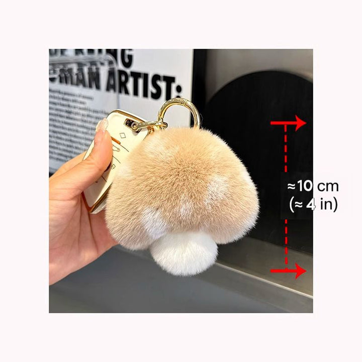 Cute Real Rex Rabbit Fur Mushroom Plush Keychain with White Polka Dots
