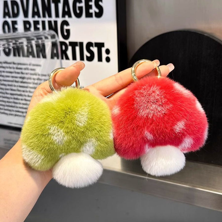 Cute Real Rex Rabbit Fur Mushroom Plush Keychain with White Polka Dots