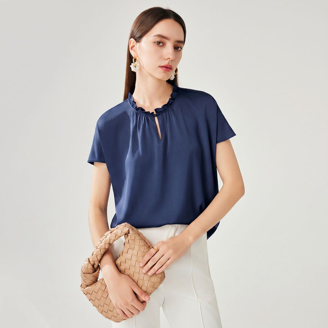 22 Momme Ruffled Stand Collar Women's Short Sleeve Mulberry Silk Shirt