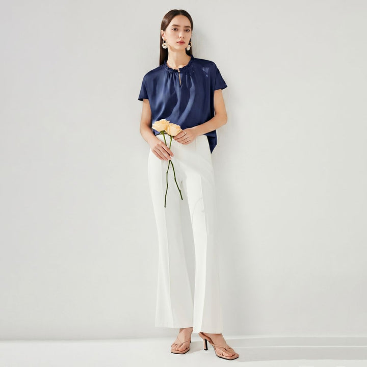 22 Momme Ruffled Stand Collar Women's Short Sleeve Mulberry Silk Shirt