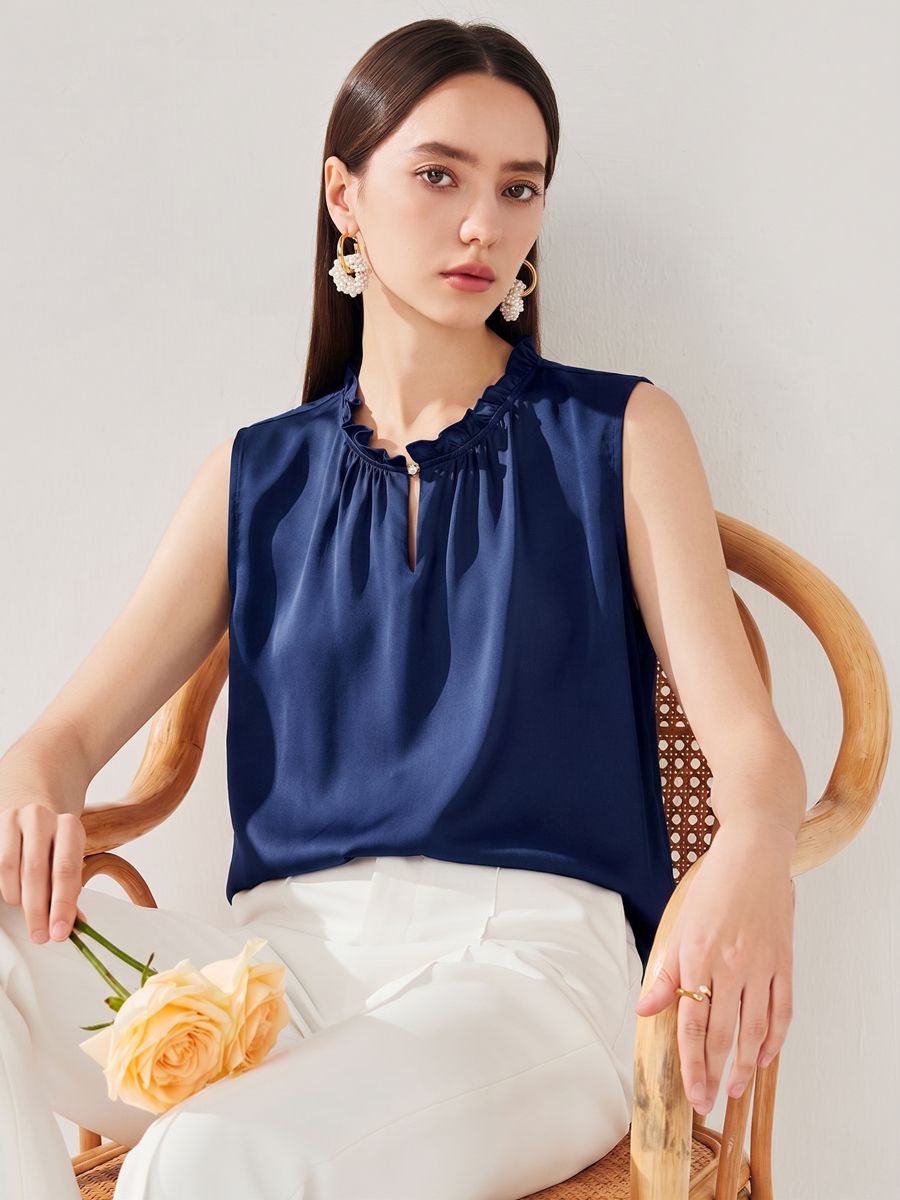 22 Momme Ruffled Stand Collar Women's Short Sleeve Mulberry Silk Shirt