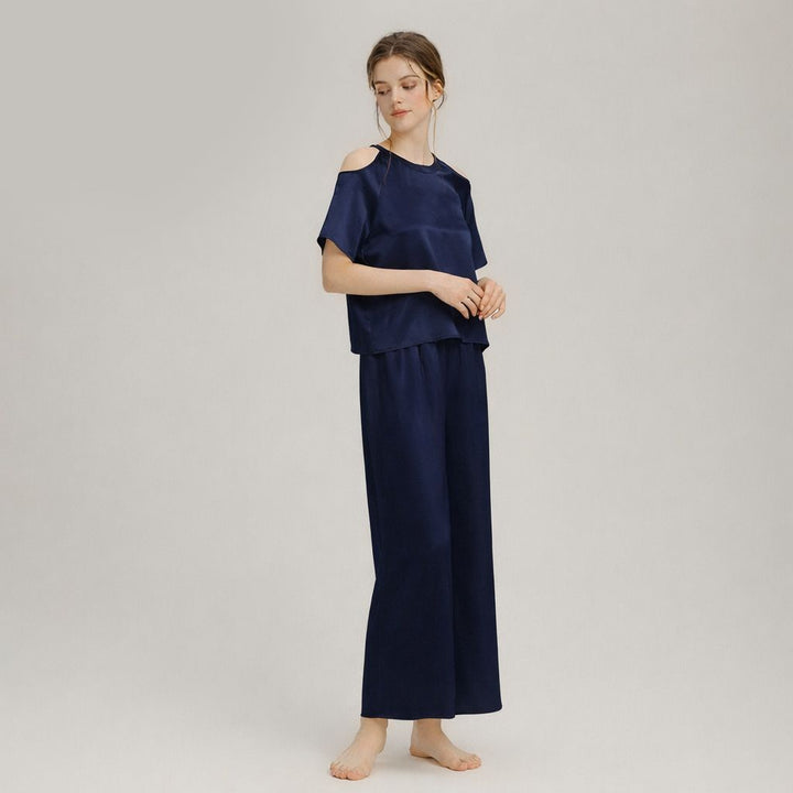 22 Momme Stylish Cold-Shoulder Short Sleeve Mulberry Silk Pajama Set for Women