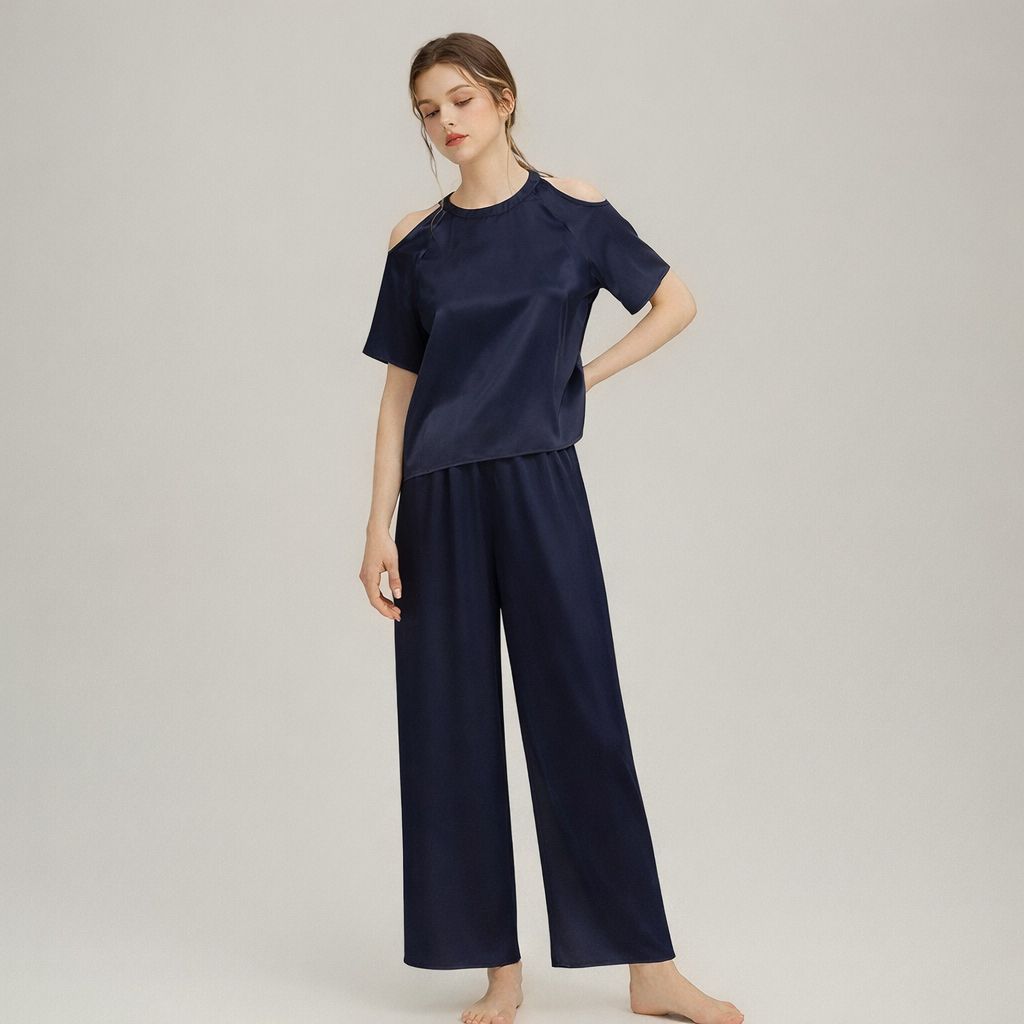 22 Momme Stylish Cold-Shoulder Short Sleeve Mulberry Silk Pajama Set for Women
