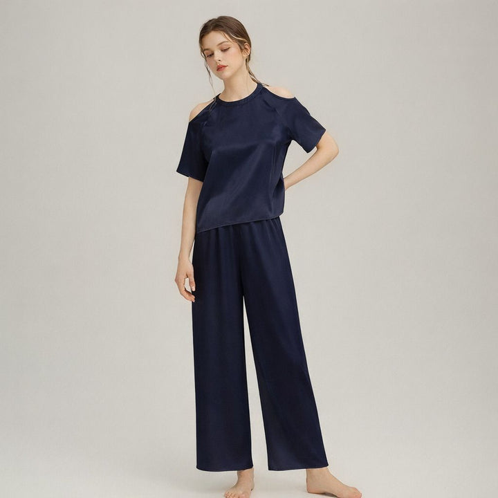 22 Momme Stylish Cold-Shoulder Short Sleeve Mulberry Silk Pajama Set for Women