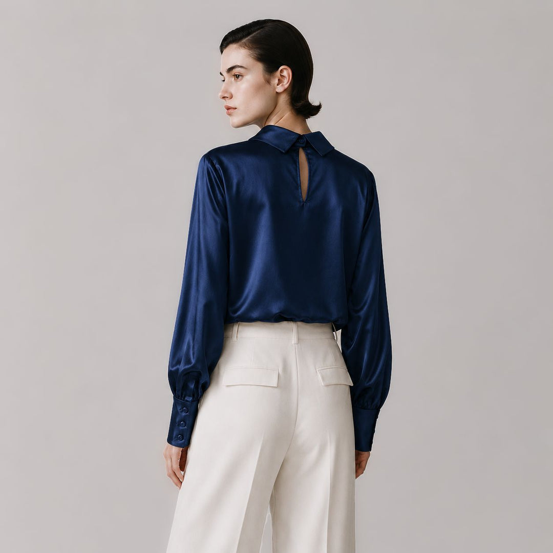 Elegant Long Sleeve High-Neck 100% Mulberry Silk Blouse for Women