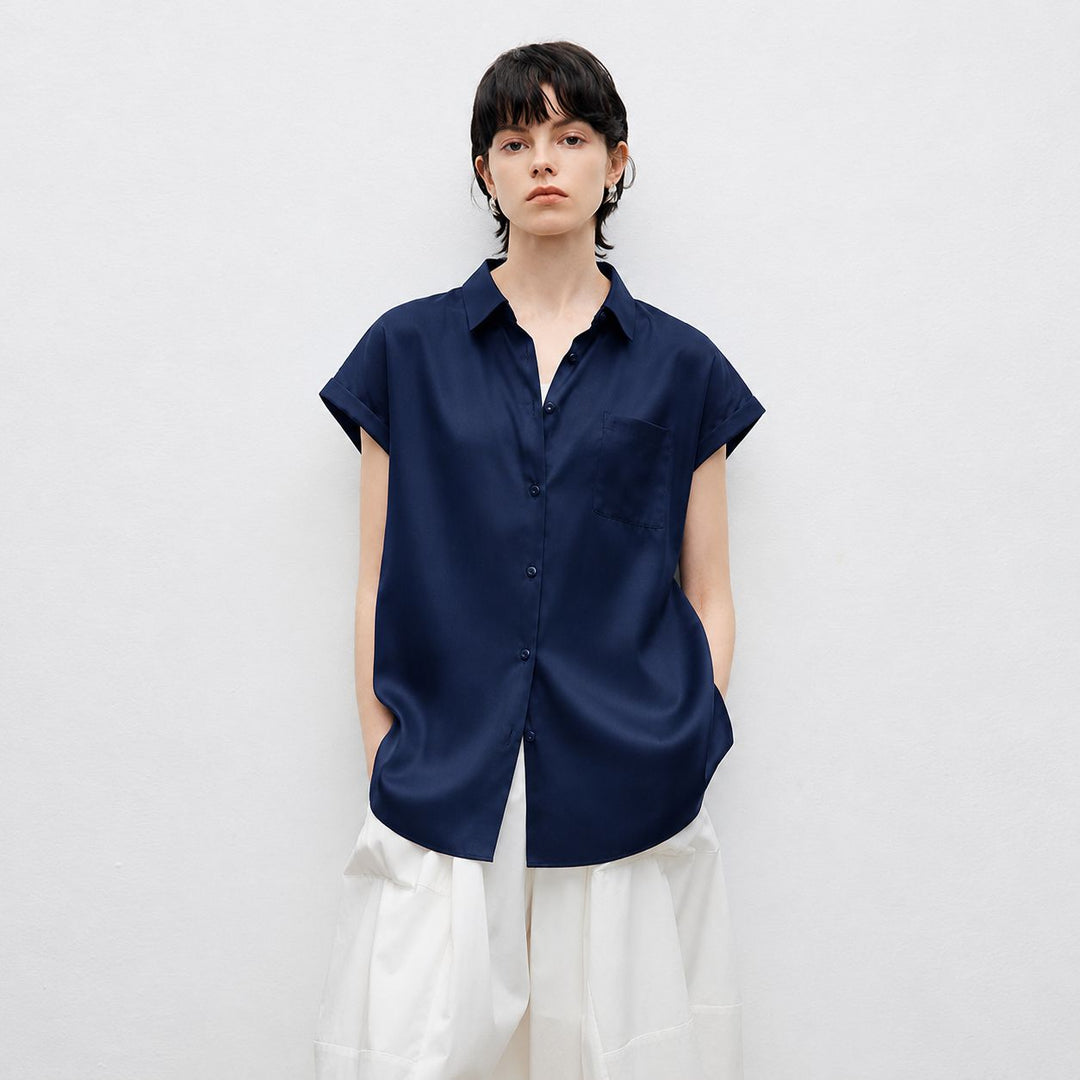 Relaxed Fit Luxury Mulberry Silk Cap Sleeve Shirt Blouse For Women
