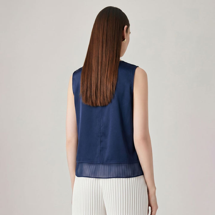 Pure Mulberry Silk Tank Top with Sheer Patchwork Hem Elegant Sleeveless Silk Shell Blouse