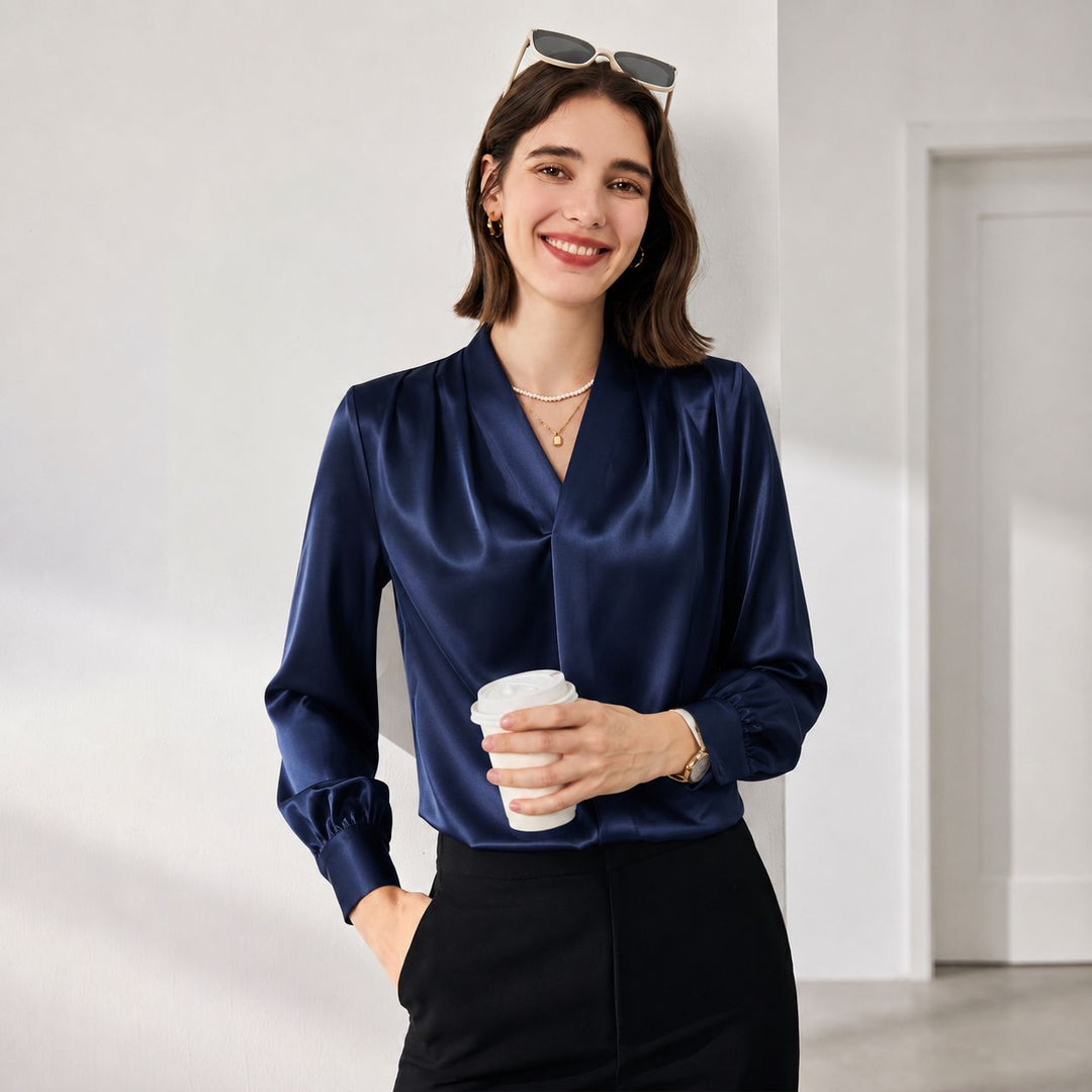 22 Momme Women's V-Neck Draped Front Long Sleeve Silk Blouse