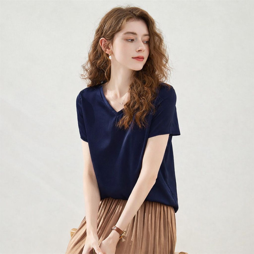 22 Momme Basic V-Neck Pure Mulberry Silk Short Sleeve T-Shirt