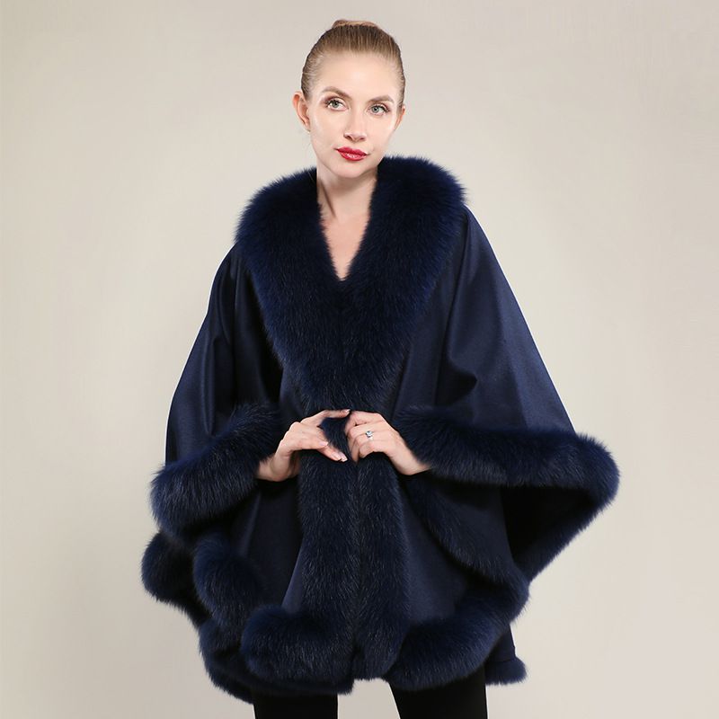 Women’s Oversized Cashmere Poncho Cape with Real Fox Fur Trim