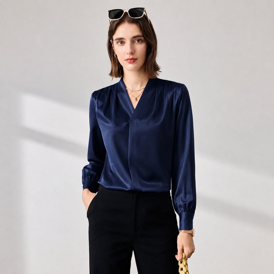 22 Momme Women's V-Neck Draped Front Long Sleeve Silk Blouse