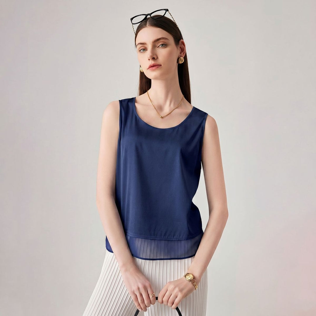 Pure Mulberry Silk Tank Top with Sheer Patchwork Hem Elegant Sleeveless Silk Shell Blouse