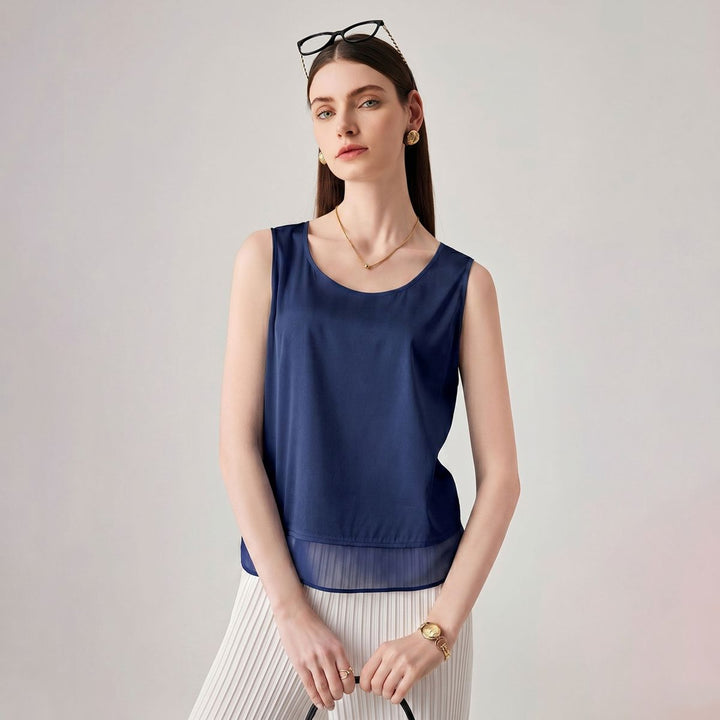 Pure Mulberry Silk Tank Top with Sheer Patchwork Hem Elegant Sleeveless Silk Shell Blouse