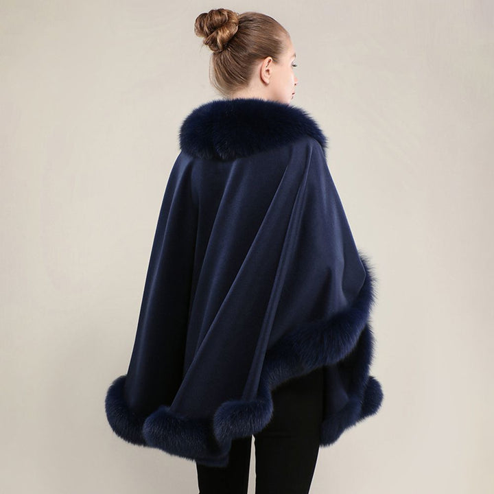 Women’s Oversized Cashmere Poncho Cape with Real Fox Fur Trim
