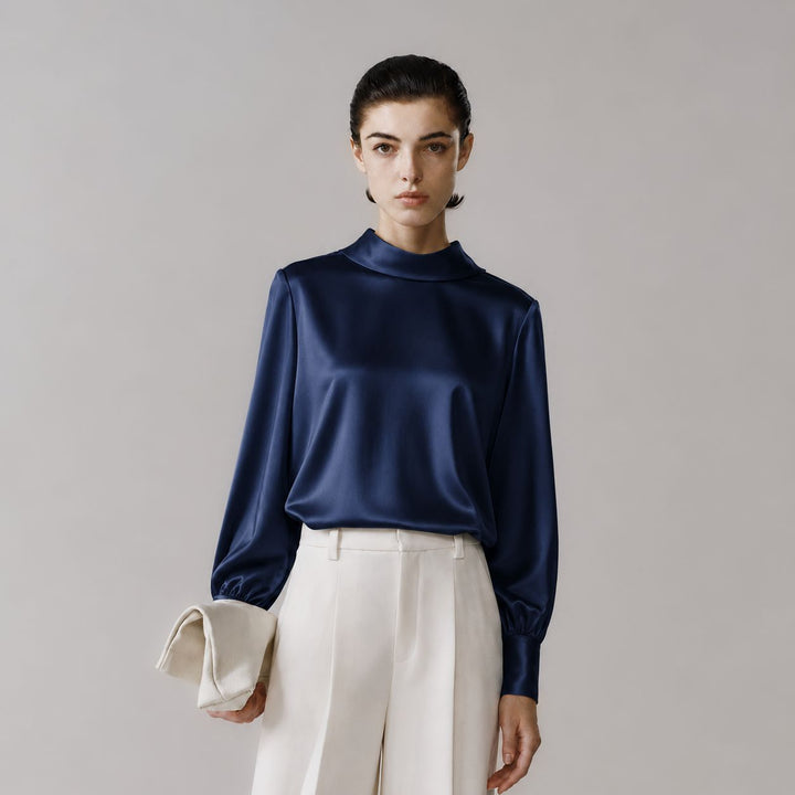 Elegant Long Sleeve High-Neck 100% Mulberry Silk Blouse for Women