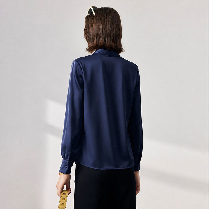 22 Momme Women's V-Neck Draped Front Long Sleeve Silk Blouse