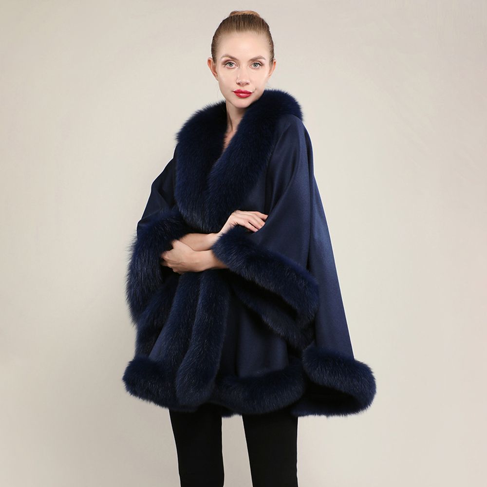 Women’s Oversized Cashmere Poncho Cape with Real Fox Fur Trim