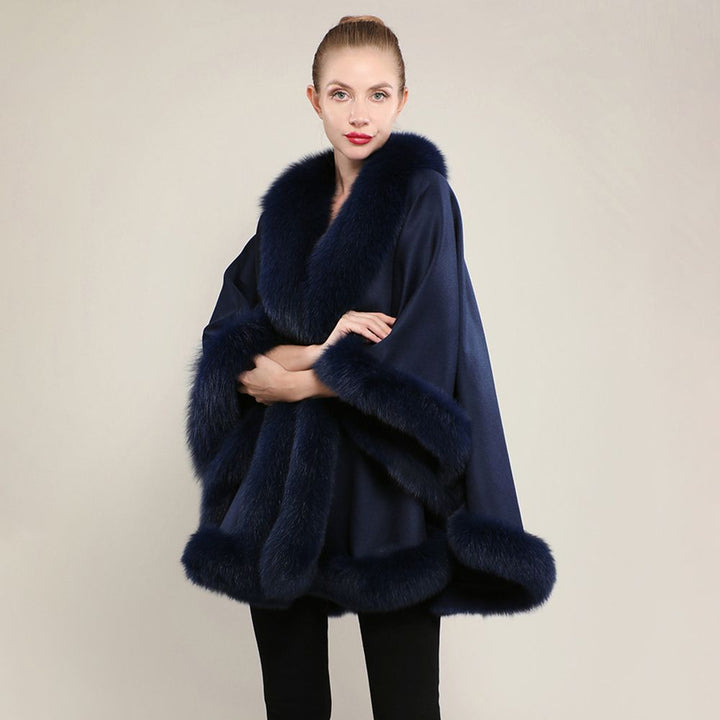 Women’s Oversized Cashmere Poncho Cape with Real Fox Fur Trim