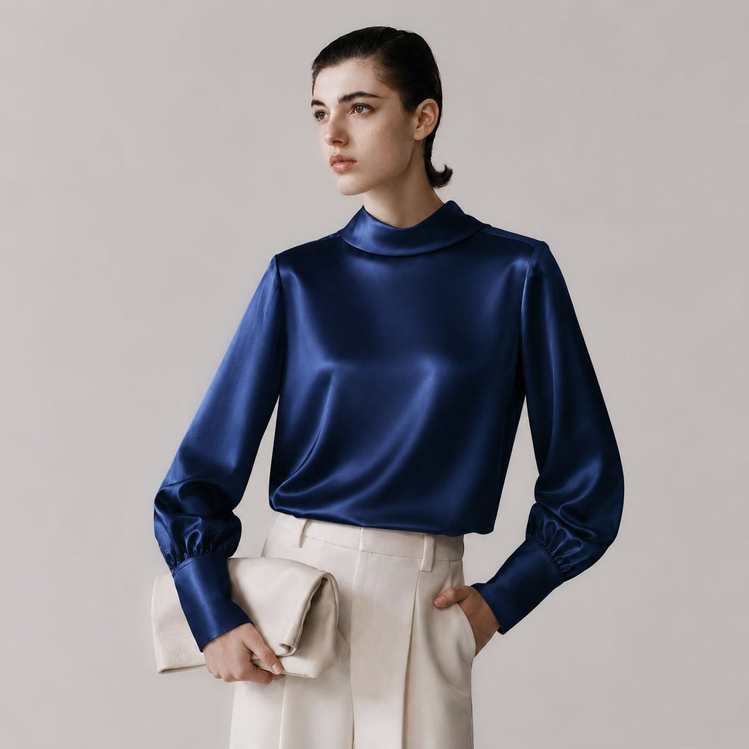 Elegant Long Sleeve High-Neck 100% Mulberry Silk Blouse for Women