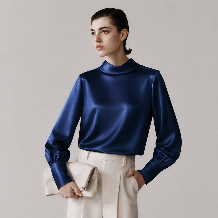 Elegant Long Sleeve High-Neck 100% Mulberry Silk Blouse for Women