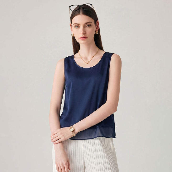 Pure Mulberry Silk Tank Top with Sheer Patchwork Hem Elegant Sleeveless Silk Shell Blouse