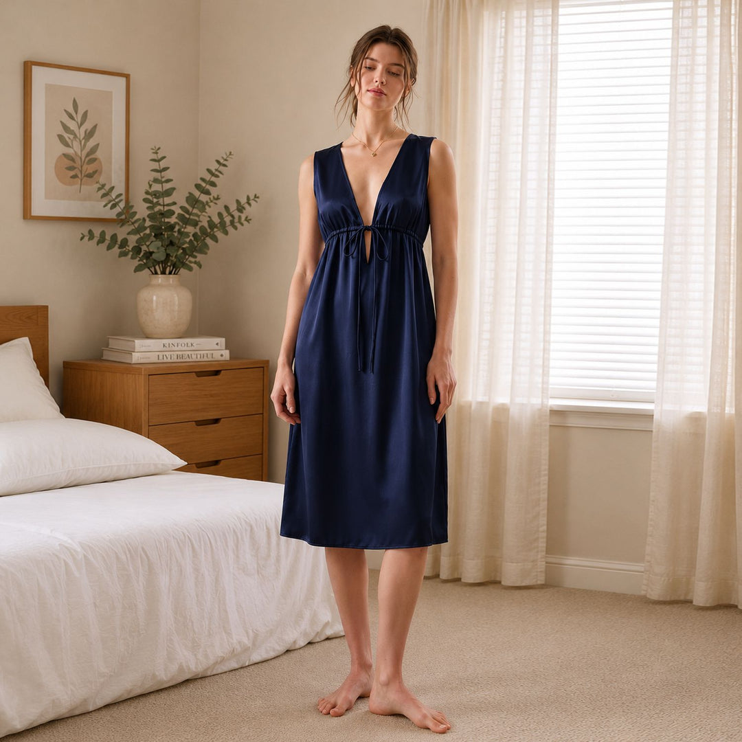 22 Momme Tie Waist Deep V-Neck Women Comfortable Summer Sleeveless Silk Nightgown