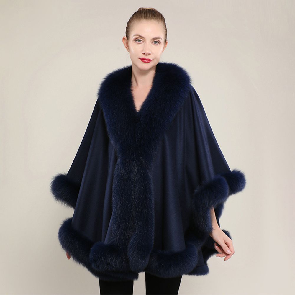 Women’s Oversized Cashmere Poncho Cape with Real Fox Fur Trim