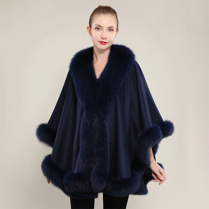 Women’s Oversized Cashmere Poncho Cape with Real Fox Fur Trim