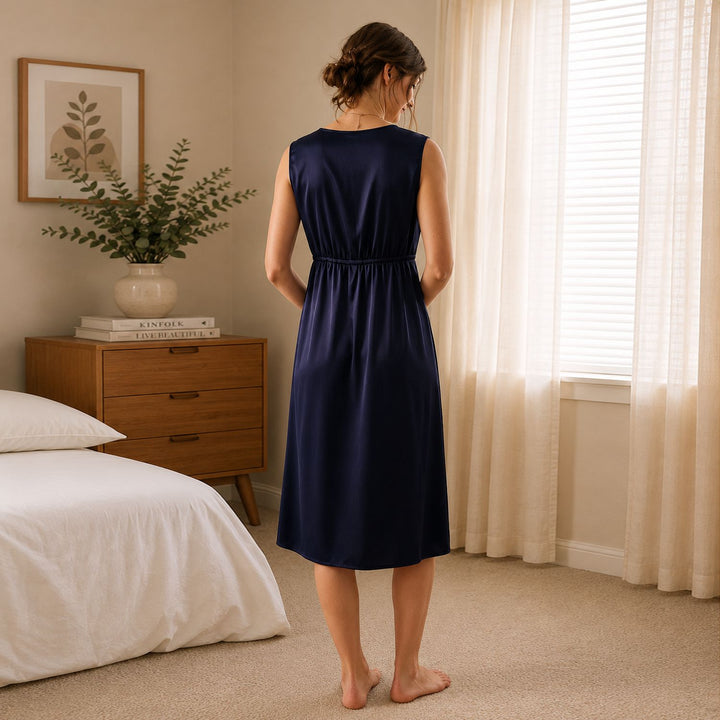 22 Momme Tie Waist Deep V-Neck Women Comfortable Summer Sleeveless Silk Nightgown