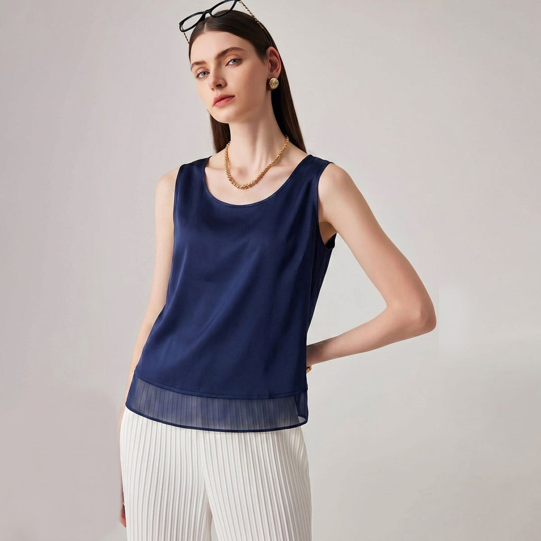 Pure Mulberry Silk Tank Top with Sheer Patchwork Hem Elegant Sleeveless Silk Shell Blouse