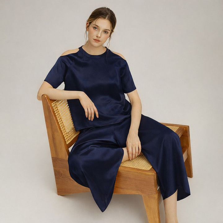 22 Momme Stylish Cold-Shoulder Short Sleeve Mulberry Silk Pajama Set for Women