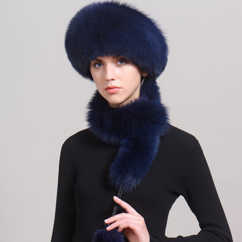 Luxury Winter Fox Fur Trapper Hat Women Pom Pom Fur Ushanka with Tail Scarf