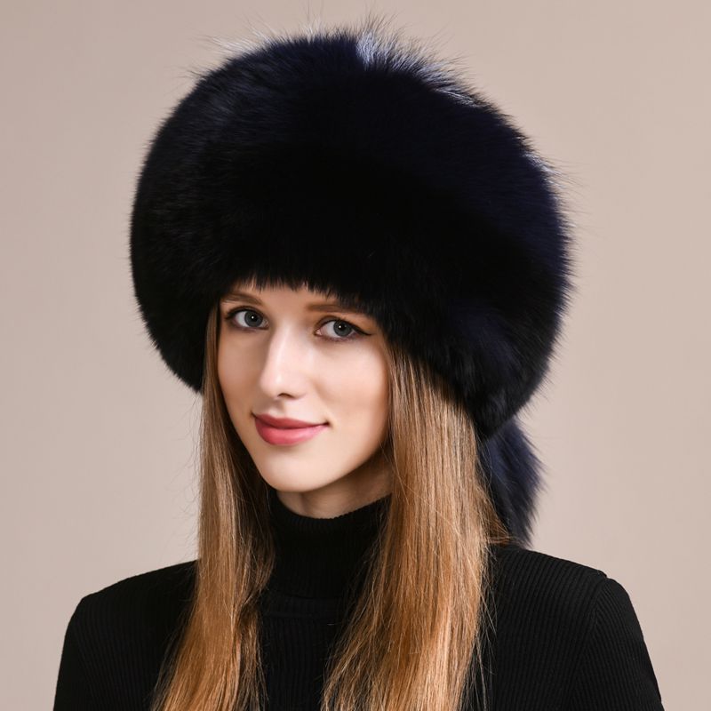 Genuine Fox Fur Hat for Women Luxury Long Tail Full-Pelt Winter Outdoor Hat