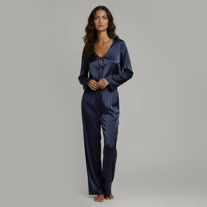 22 Momme Sexy Tie-Front  V-Neck Long Sleeve Silk Pajama Set for Women