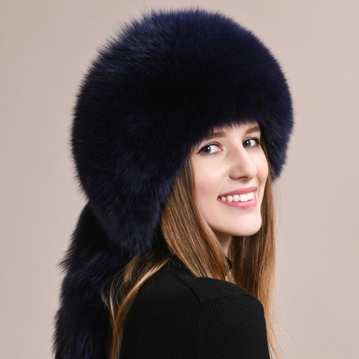 Soft Real Fox Fur Hat with Elegant Tails Women's Winter Fashion Cozy Full-Pelt Fur Beanie for Cold Weather