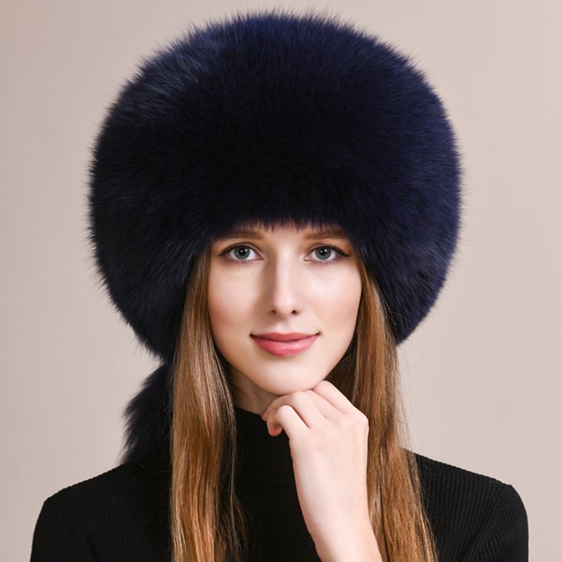 Soft Real Fox Fur Hat with Elegant Tails Women's Winter Fashion Cozy Full-Pelt Fur Beanie for Cold Weather