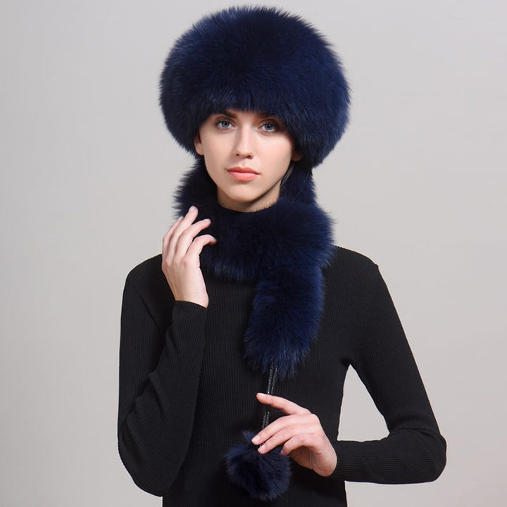 Luxury Winter Fox Fur Trapper Hat Women Pom Pom Fur Ushanka with Tail Scarf